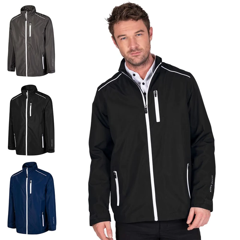 Island GREEN Essentials Mens Golf Full Zip Waterproof Jacket, Black/White, Large