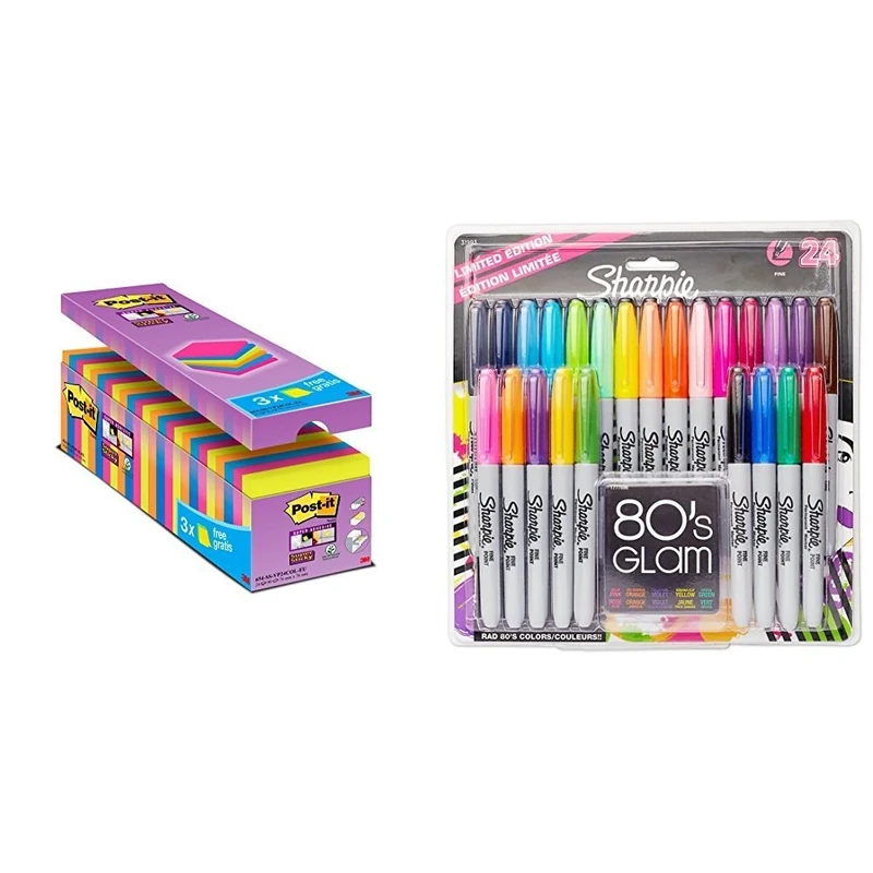 Post it Notes 76 x 76 mm Super Sticky Notes Value Pack, Assorted Colours, Pack of 24 (90 Sheets Per Pad) and Sharpie Fine Point Permanent Marker - Assorted Colours, Pack of 24