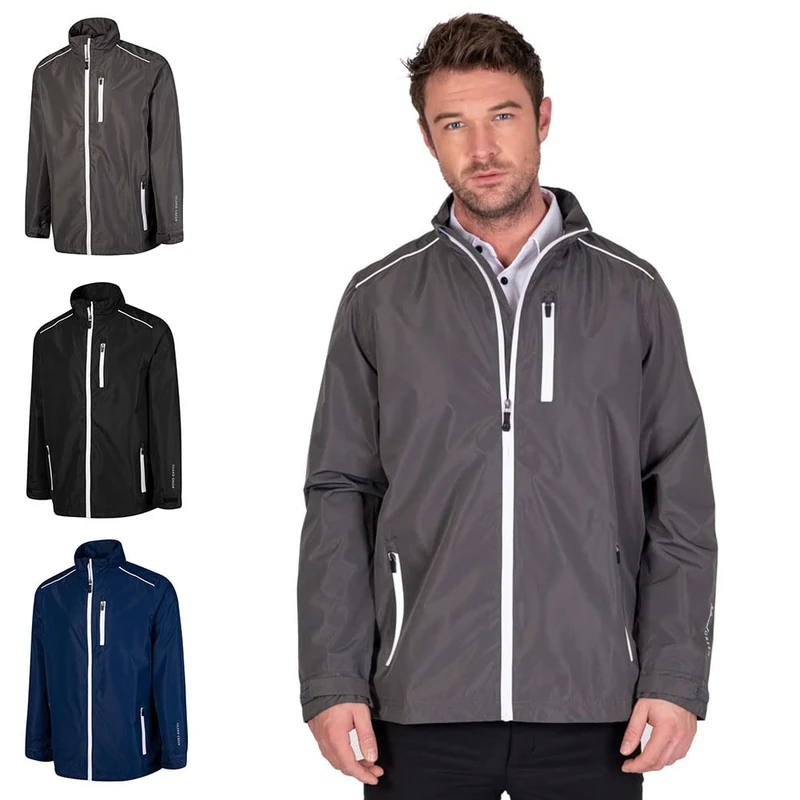 Island GREEN Essentials Mens Golf Full Zip Waterproof Jacket, Charcoal/White, Large