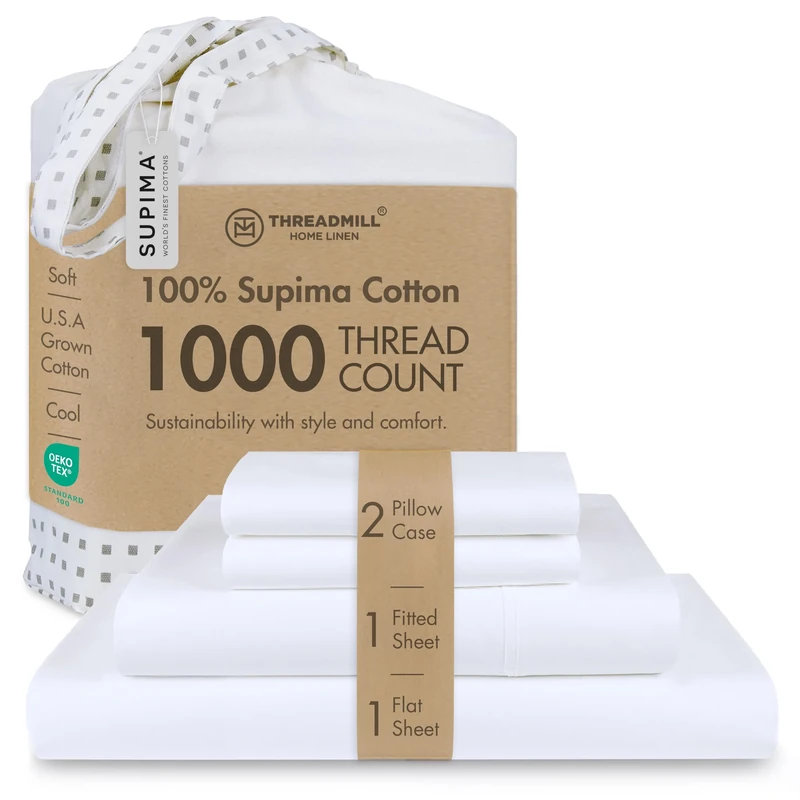 Threadmill 100% American Supima Cotton Sheets King Size - 1000 Thread Count, 4Pc King Size Sheets Set, Smooth Sateen King Sheets, Ultra Luxury Bed Sheets, 17" Deep Pocket King Sheet Set - White Sheets