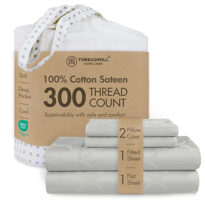 Threadmill 300TC Cotton King Sheet Set, Sateen, Damask, Light Grey, 4-Piece