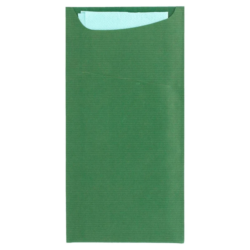 Cutlery Sachets + Napkin "Just In Time" 80 + 10Pe Gsm + (17Gsm) 11,2X22,5 Cm Green Kraft Ribbed - 100 Units