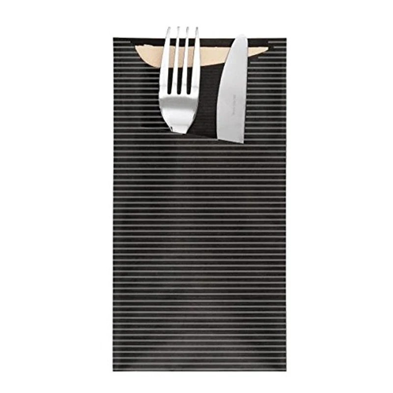 Cutlery Sachets + Napkin "Just In Time" 80 + 10Pe Gsm + (17Gsm) 11,2X22,5 Cm Black Kraft Ribbed - 100 Units