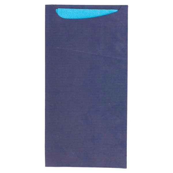 Cutlery Sachets + Napkin "Just In Time" 80 + 10Pe Gsm + (17Gsm) 11,2X22,5 Cm Blue Kraft Ribbed - 100 Units