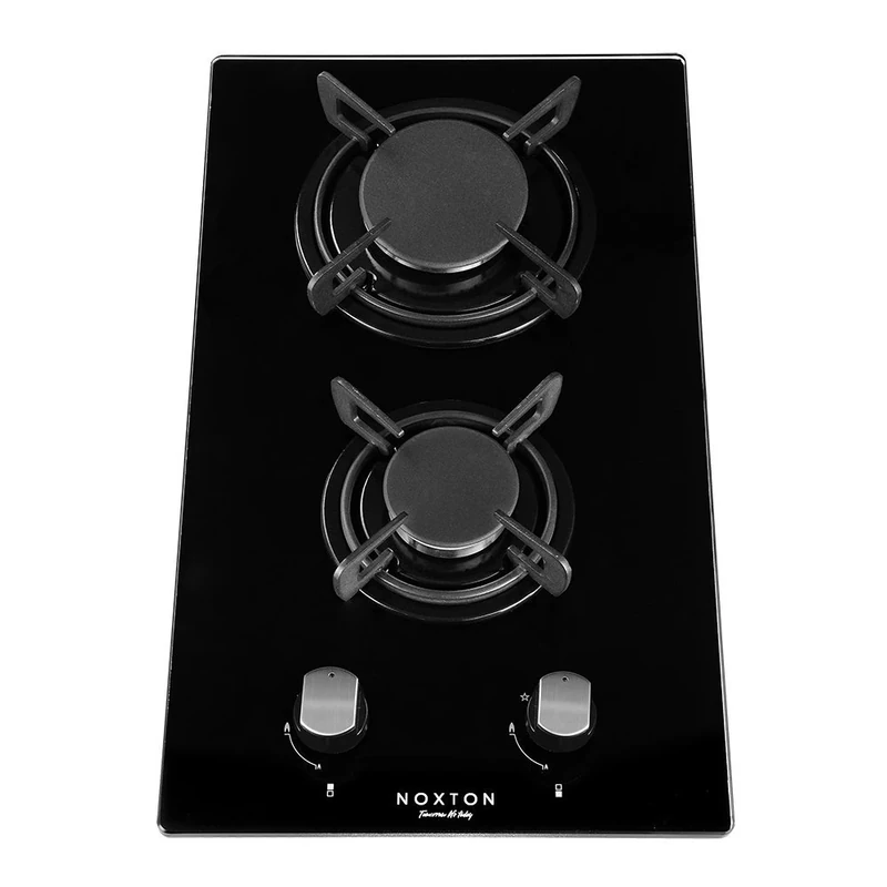 NOXTON Gas Hob 2 Burner with LPG/NG Kit, Built-in Gas Cooker Plug & Go Easy Installation, Black Tempered Glass Easy to Clean, Cast Iron Pan Support, Flame Out Protection Prevent Gas Leakage