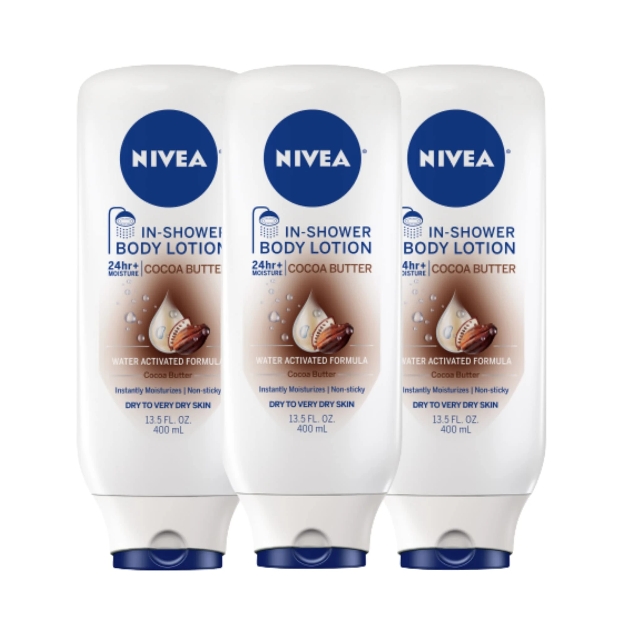 NIVEA Cocoa Butter In-Shower Body Lotion - Non-Sticky For Dry to Very Dry Skin - 13.5 oz. Bottle (Pack of 3)