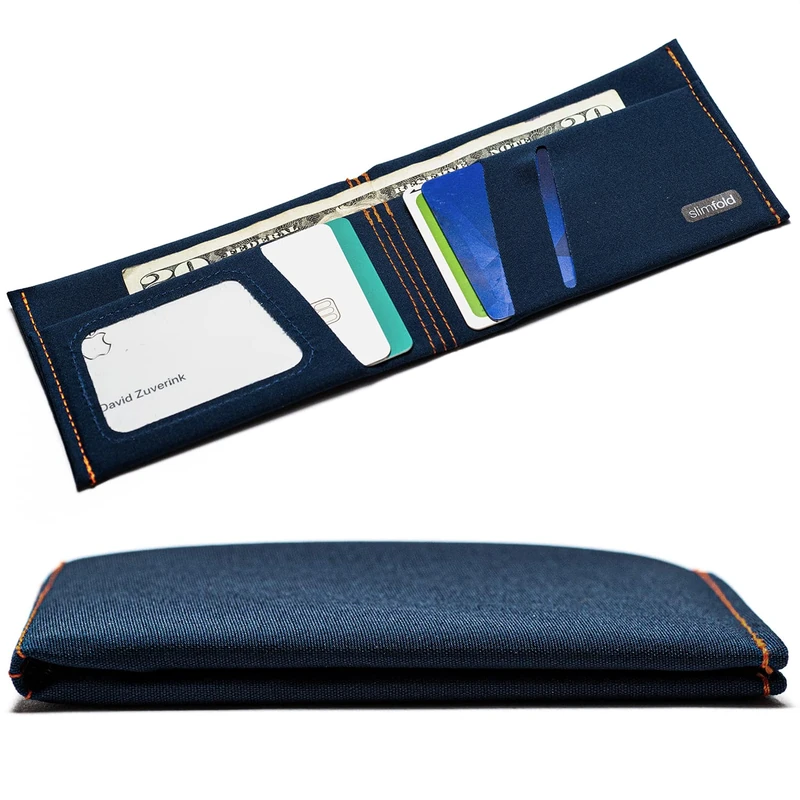 Slimfold Minimalist Wallet - RFID Option - Thin, Durable, and Waterproof Guaranteed - Made in USA - Micro Size, Navy with Orange Stitching - RFID, - Image 1