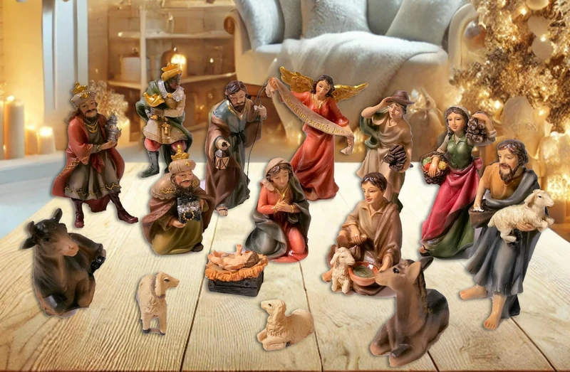 Faithful Treasure 15-Piece Nativity Set. Hand-Painted Figurines for Christmas Nativity Scene, 4" Tall.