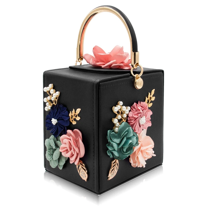 Milisente Evening Clutch Bag for Women Floral Square Box Evening Bags Crossbody Shoulder handBags Flower Wedding Clutch Purse, Black, M