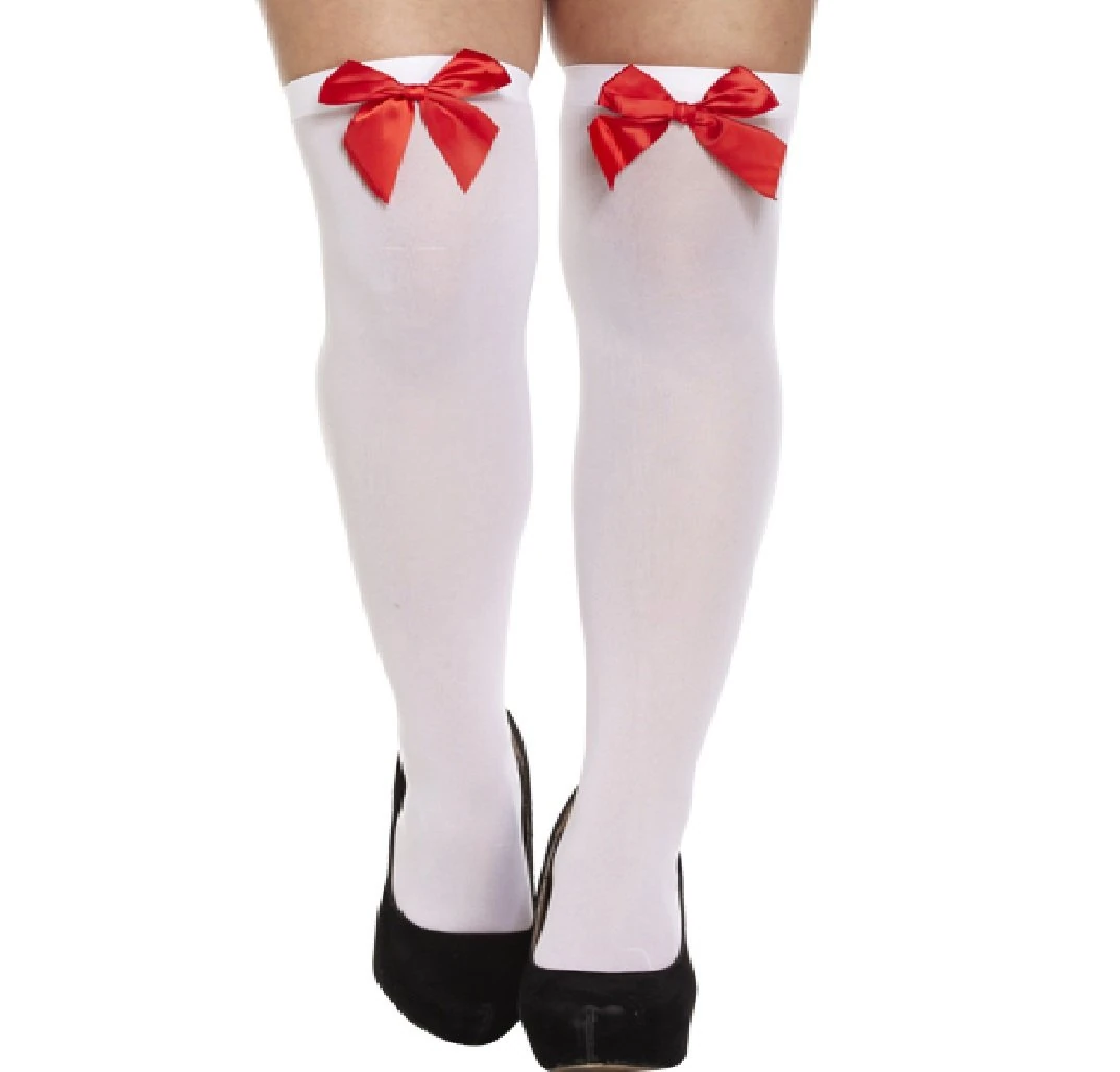Halloween White Hold Up Stockings With Red Bow Fancy Dress Accessory