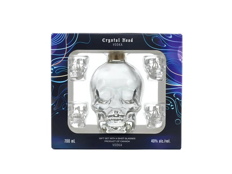 Crystal Head Original Vodka 70 cl with 4 Clear Skull Shaped Shot Glasses, 40% ABV – Made from Canadian Corn - Award-Winning Premium Vodka, Clear Skull Shaped Glass Bottle