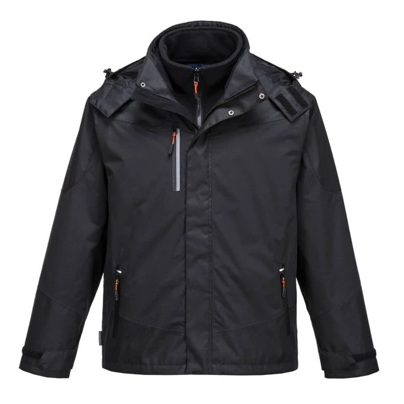 Portwest S553 Radial 3-in-1 Jacket Waterproof Windproof Breathable Taped Seams Removable Fleece Lining Texpel Splash Eco Finish Pack-Away Hood Multiple Pockets Adjustable Fit Workwear, Black, S