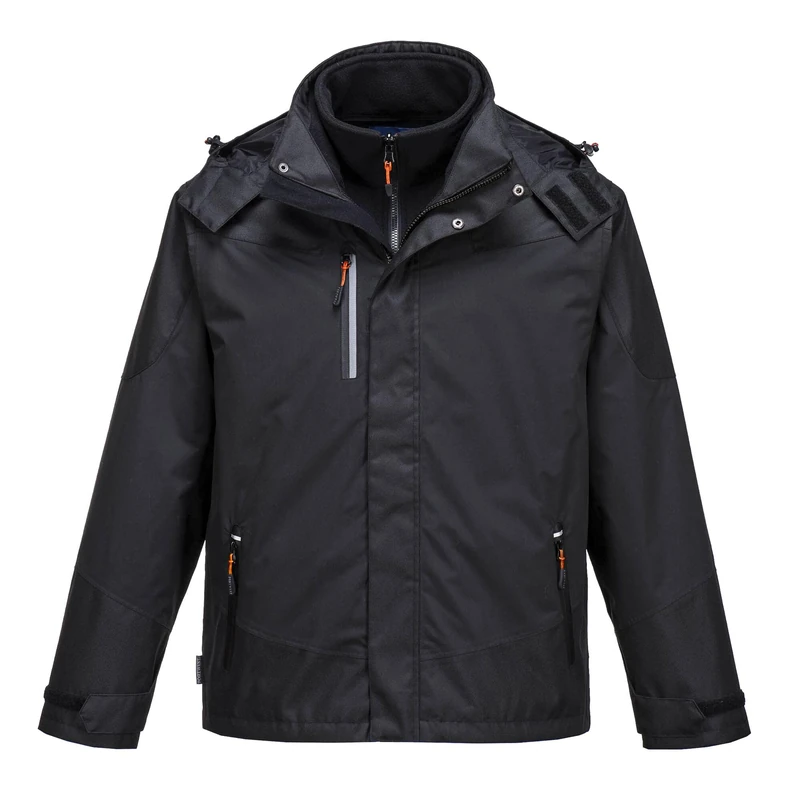 Portwest S553 Radial 3-in-1 Jacket Waterproof Windproof Breathable Taped Seams Removable Fleece Lining Texpel Splash Eco Finish Pack-Away Hood Multiple Pockets Adjustable Fit Workwear, Black, L