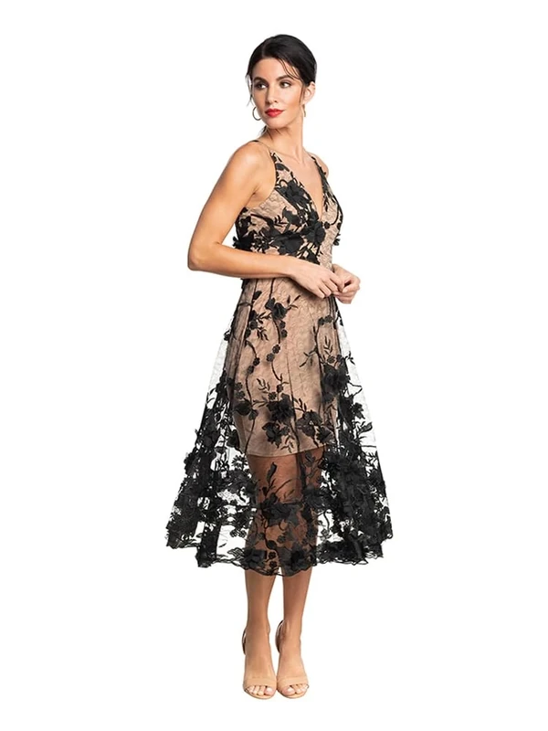 Dress the Population Women's Audrey Spaghetti Strap Midi A-line 3D Floral Dress Special Occasion, Black/Nude, XS