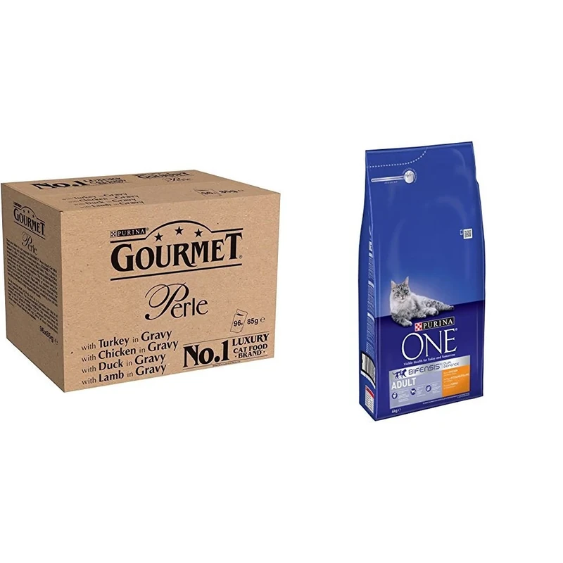 Gourmet Perle Chef's Country Collection in Gravy, 96 x 85 g with Purina ONE Bifensis Adult Dry Cat Food Chicken and Whole Grains, 6 kg Bundle