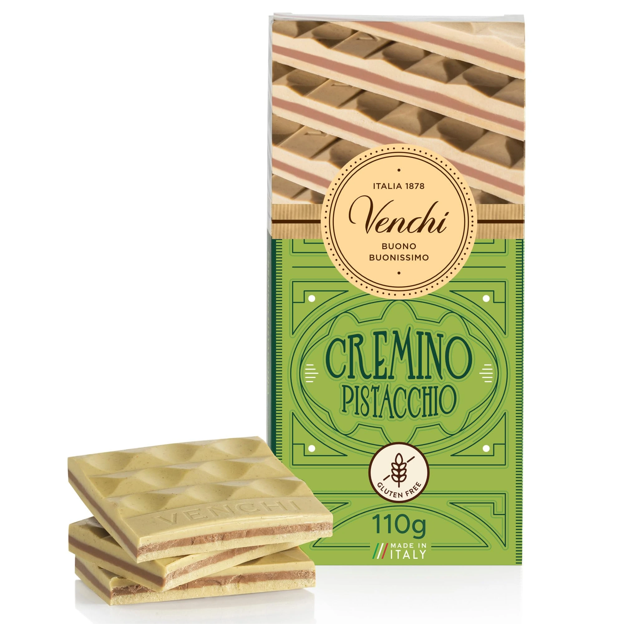 Venchi - Cremino Bar Pistachio, Milk and White Chocolate with Pistachio Paste, 24,25 lb, Gluten Free, Dye-free and Preservative-Free