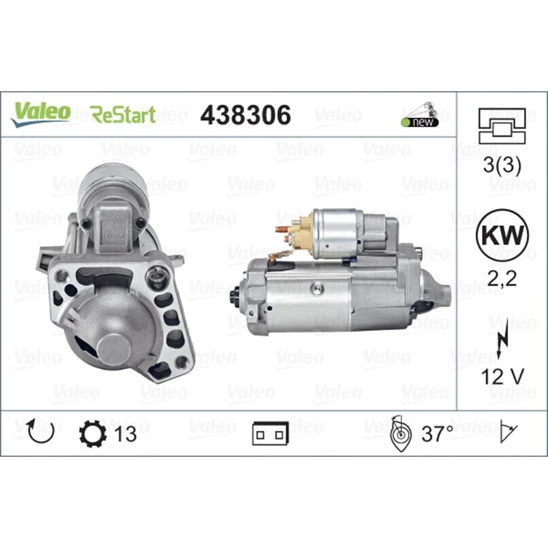 VALEO 438306 Starter Power: 2,2 kW Stop & Start: YES Number of teeth: 13 teeth Voltage: 12 V Rotation direction: CLOCKWISE