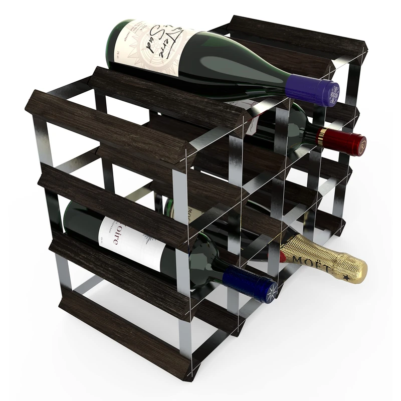 RTA Wooden Wine Rack, for Cupboards and Countertops, Made from Premium Quality FSC Pine, Fully Assembled, for Wine and Champagne, Made in The UK (16 Bottles) (Black Pine)