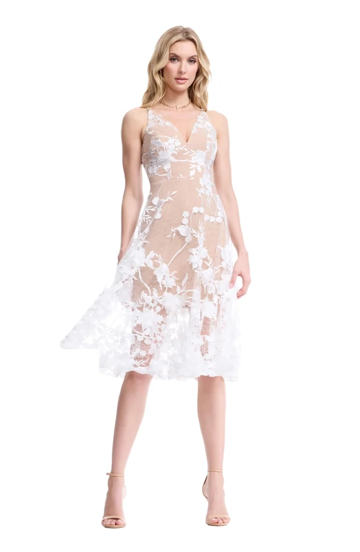 Dress the Population Women's Audrey Spaghetti Strap Midi A-line 3D Floral Dress Special Occasion, White/Nude, S