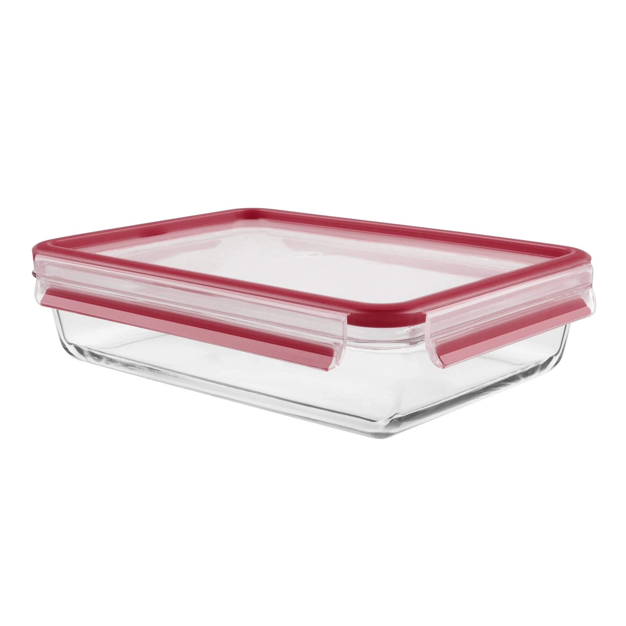 Tefal Master Seal Rectangle Glass Food Storage, Clear/Red, 34 x 23.5 x 7.6 cm