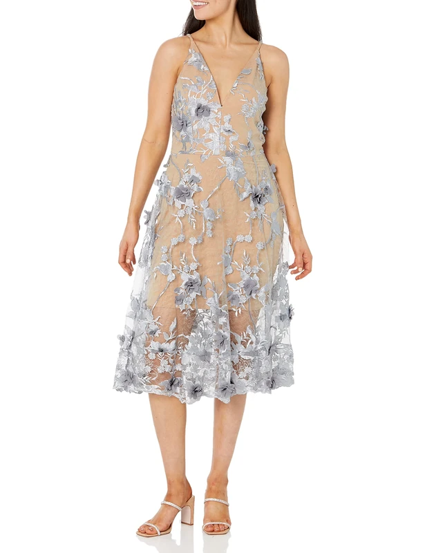 Dress the Population Women's Audrey Spaghetti Strap Midi A-line 3D Floral Dress Special Occasion, Mineral Blue/Nude, L