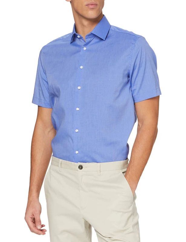 Seidensticker Men's Business Shirt - Shaped fit - Non-Iron - Kent Collar - Short Sleeves - 100% Cotton