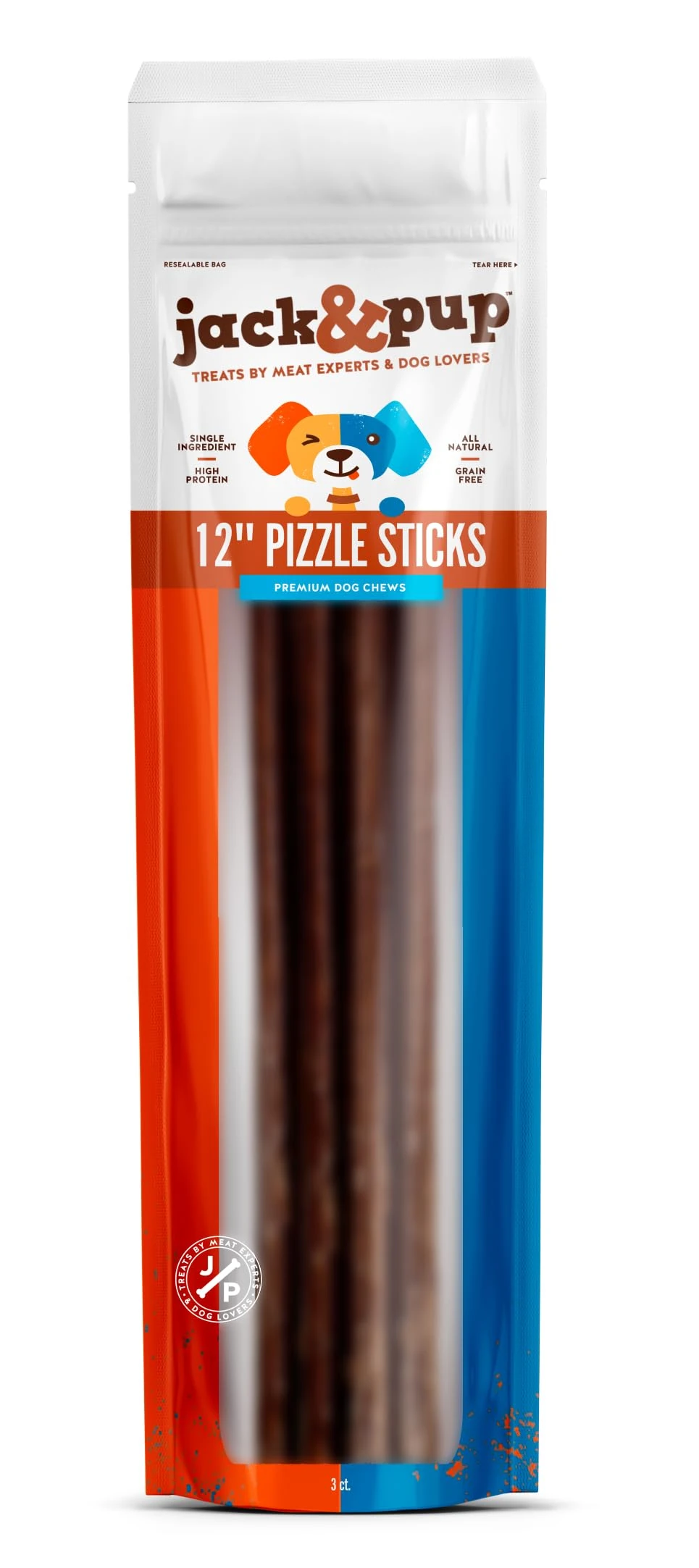 Jack&Pup 30cm Pizzle Sticks for Dogs (Thick - 3 Count) - Odour Free Bully Pizzle Stick - Long Lasting - All Natural Dog Treat Chews - Single Ingredient - 100% Pizzle Sticks - No Additives