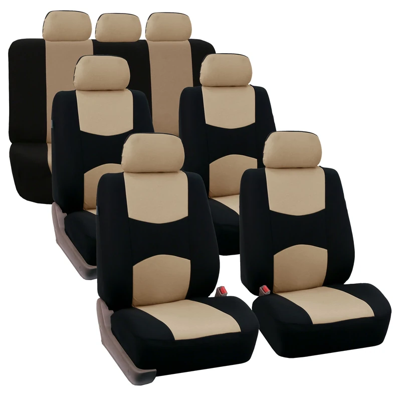 FH GROUP FH-FB050217 Three Row Set Flat Cloth Car Seat Covers (4 Bucket Covers, 1 Solid Bench Cover), Beige/Black - Fit Most Car, Truck, Suv, or Van