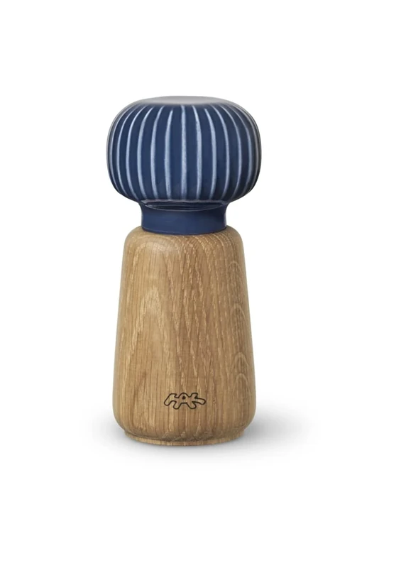 Kähler Hammershoi Salt and Pepper Mill Made of Wood and Porcelain Head, Modern Spice Mill to Turn with Groove Design, Indigo, 18.5cm