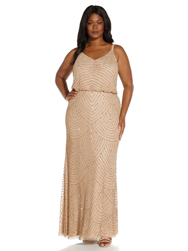 Adrianna Papell Women's Long Beaded Blouson Gown Dress, Champ/Gold, 16 UK