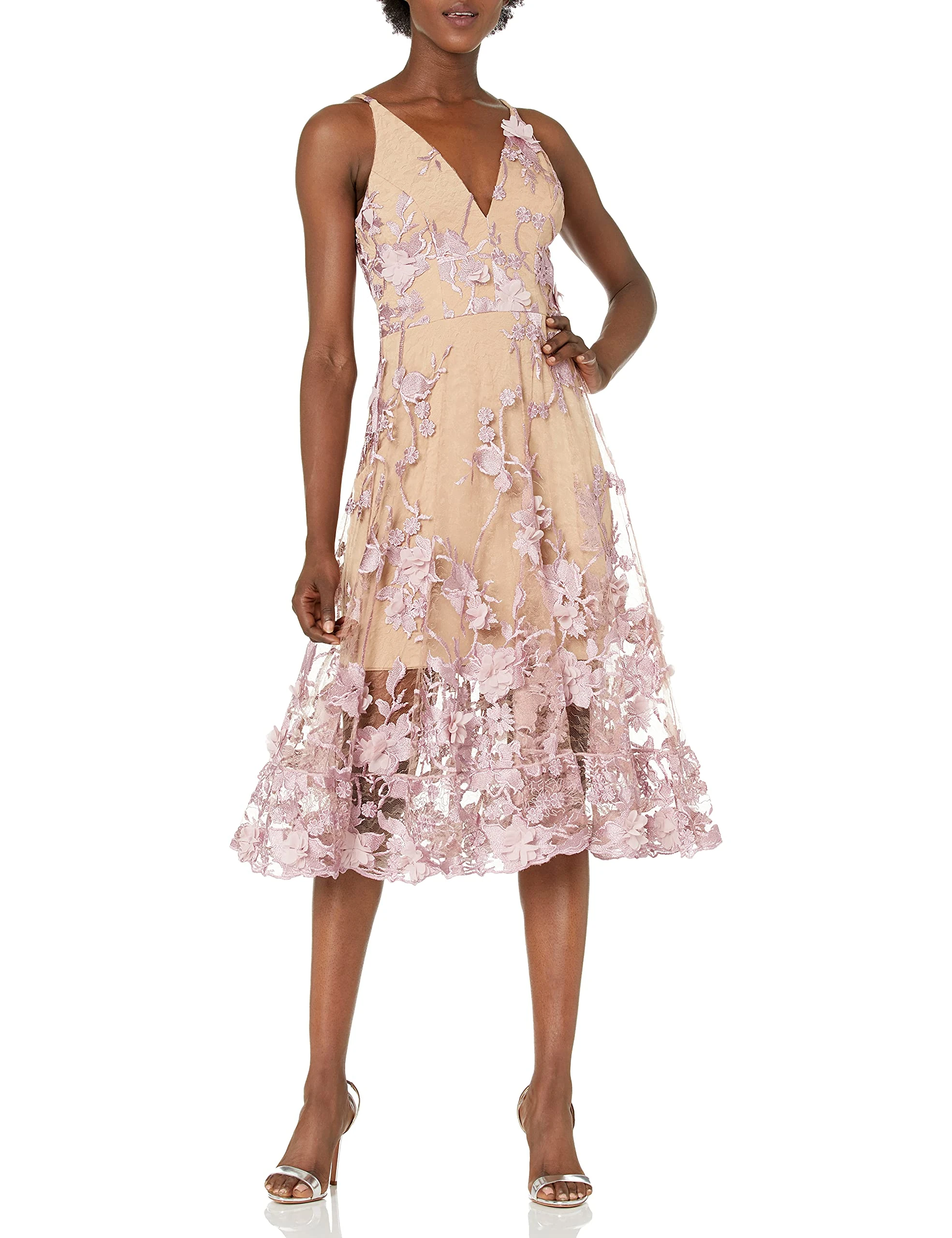 Dress the Population Women's Audrey Spaghetti Strap Midi A-line 3D Floral Dress Special Occasion, Lilac/Nude, M