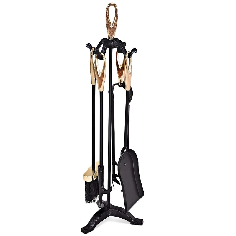 COSTWAY 5 Piece Fire Tools Set, Iron Fireplace Fireside Companion Brush, Poker, Shovel and Tong (Brass + Black)