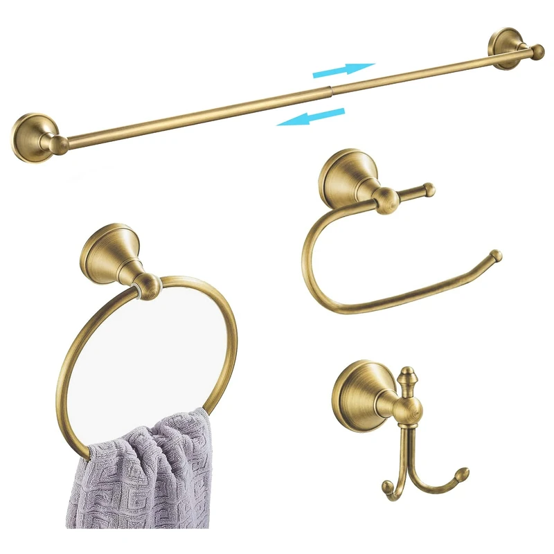 WINCASE Antique Brass Polished 4-Piece Bath Accessory Set，bathroom hardware set in Retro Eurpean Style Wall Mounted Towel Hanger Tissue Paper Holder Robe Hooks Wall Towel Rail