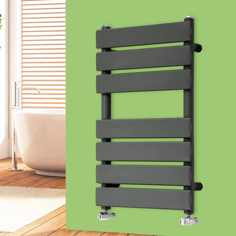 NRG Anthracite 650mm x 400mm Heated Towel Rails Radiator | Flat Panel Bathroom Central Heating Space Saving Towel Warmer Radiators | with One Pair of Free Modern Angle Valves