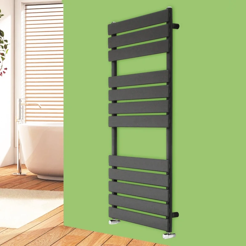 NRG Anthracite 1200mm x 450mm Heated Towel Rails Radiator | Flat Panel Bathroom Central Heating Space Saving Towel Warmer Radiators | with One Pair of Free Modern Angle Valves