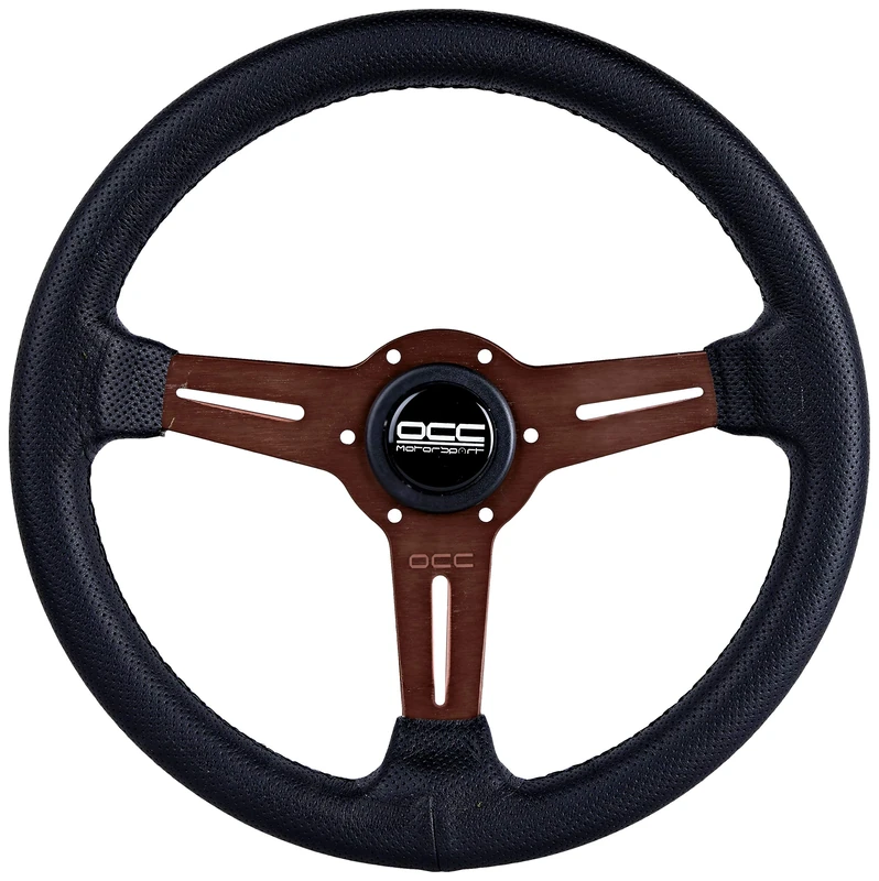 OCC MOTORSPORT FLAT BOTTOM STEERING WHEEL CLASSIC MODEL PERFORATED LEATHER BRONZE ARMS - CAR FLAT DISH STEERING WHEEL - 350MM (14 INCH)