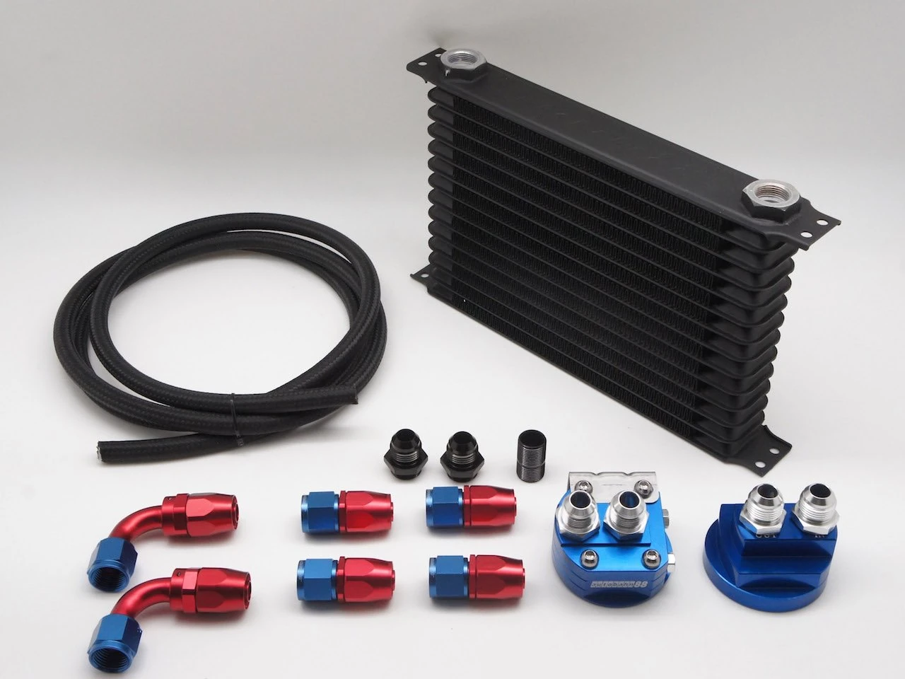 Autobahn88 Universal Oil Cooler Combo Kit, Includes: 14-Row Oil Cooler Tank + Oil Cooler Relocation Adapter + 10 Feet (3m) Nylon Braided Hose + Hose End AN10 x6
