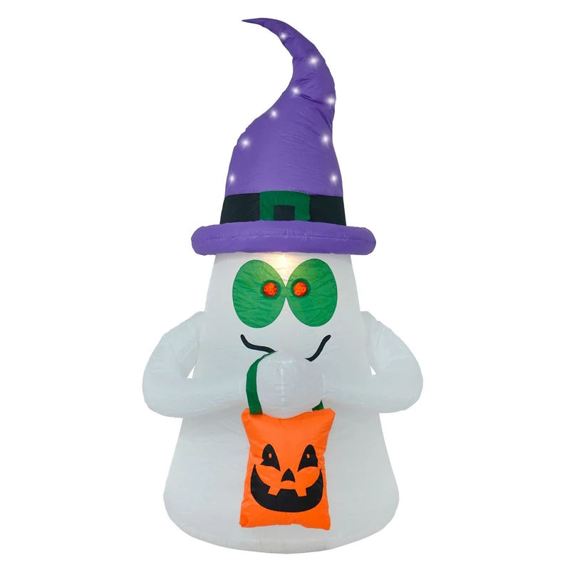 Mr Crimbo 6ft Giant Inflatable LED Novelty Ghost Halloween Party Outdoor Decoration Garden Flashing Static Colourful Lights In Hat Eyes Body