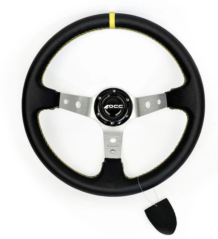 OCC MOTORSPORT OFFSET STEERING WHEEL TRACK MODEL LEATHERETTE SILVER ARMS - 90 MM FULL DISH WHEEL - 350MM (14 INCH)