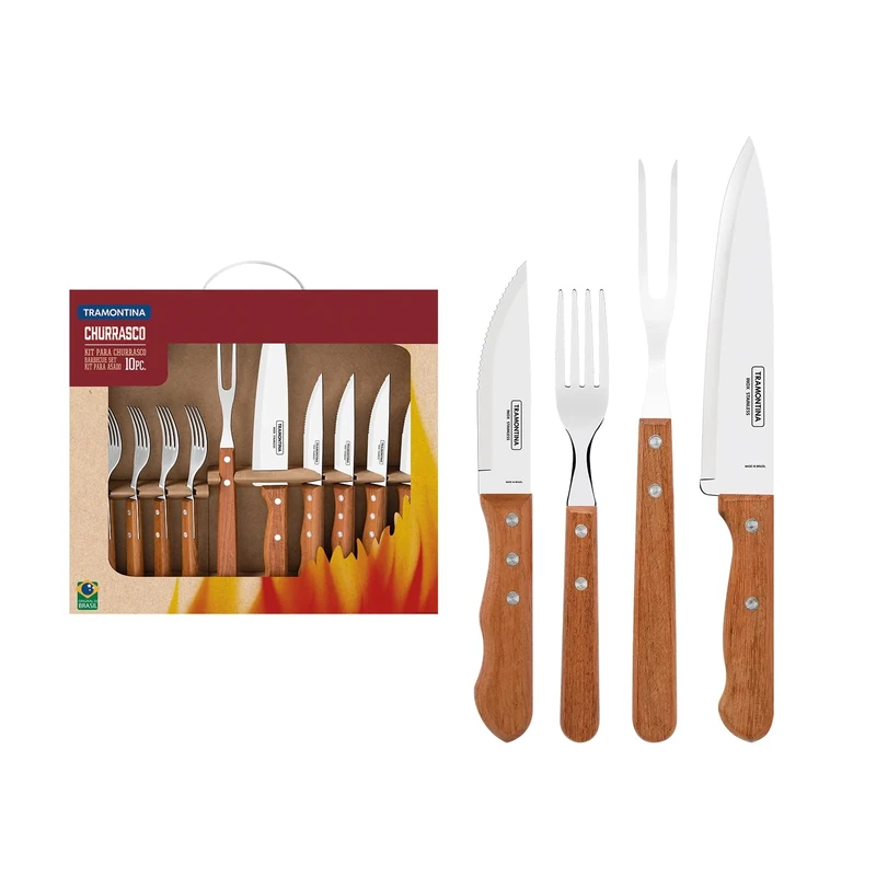Tramontina Steak Cutlery and Carving Set of 10, Sharp Knife with Wooden Handle, Camping, Kitchen, Rustic, 22399037