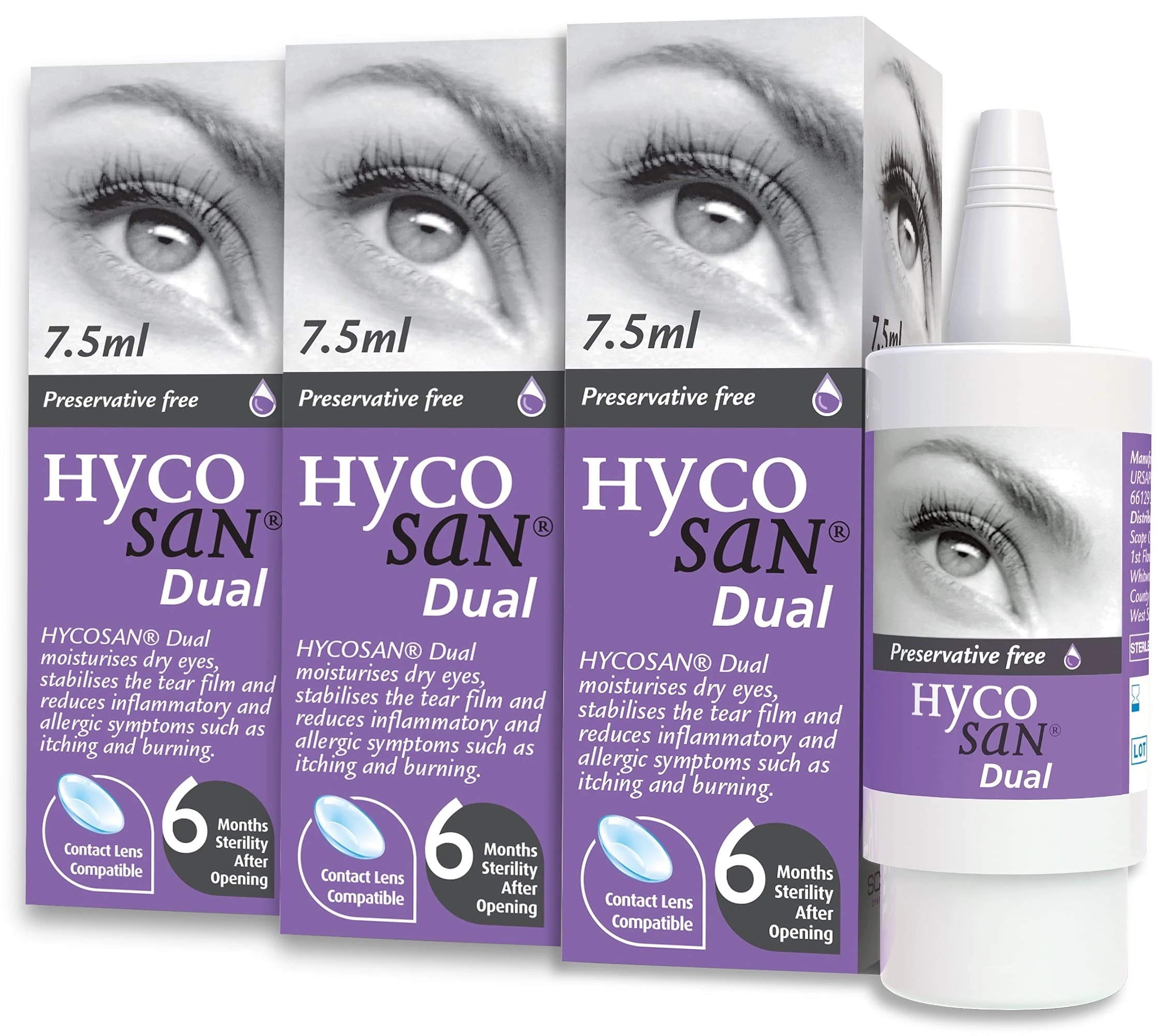 Hycosan Dual - Triple Pack - Preservative Free Eyedrops - 0.05% Sodium Hyaluronate and 2% Ectoin - Recommended for Relief from Lipid Deficient Dry Eye and Meibomian Gland Dysfunction - 3x7.5ml