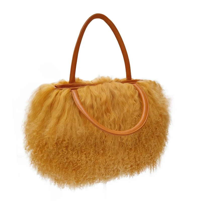 FINILUO Women Luxury Real Lamb/Mongolian Flush Wool Fur Handbag Camel, Camel - Image 1