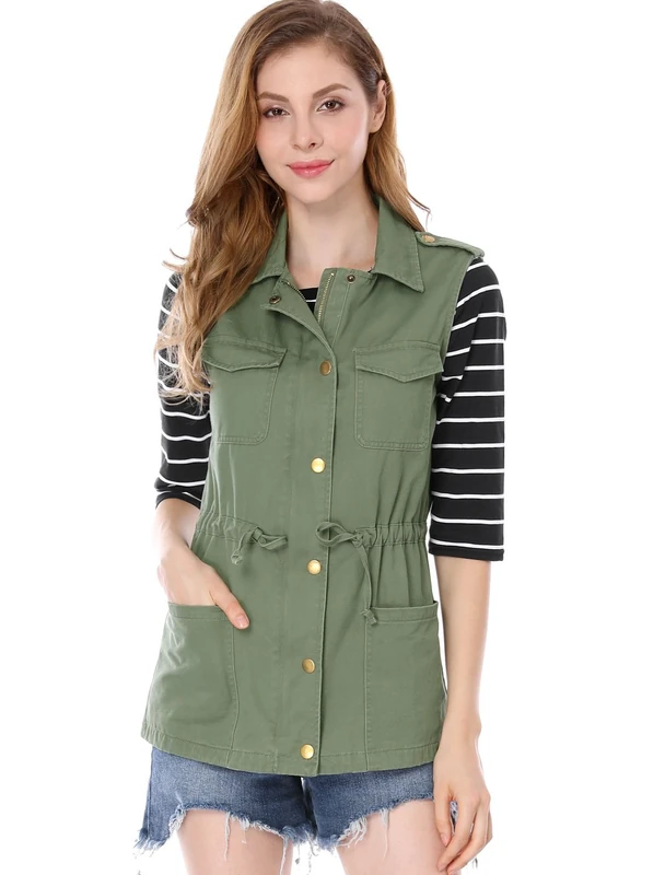 Allegra K Women's Drawstring Lightweight Utility Anorak Cargo Vest Green 12