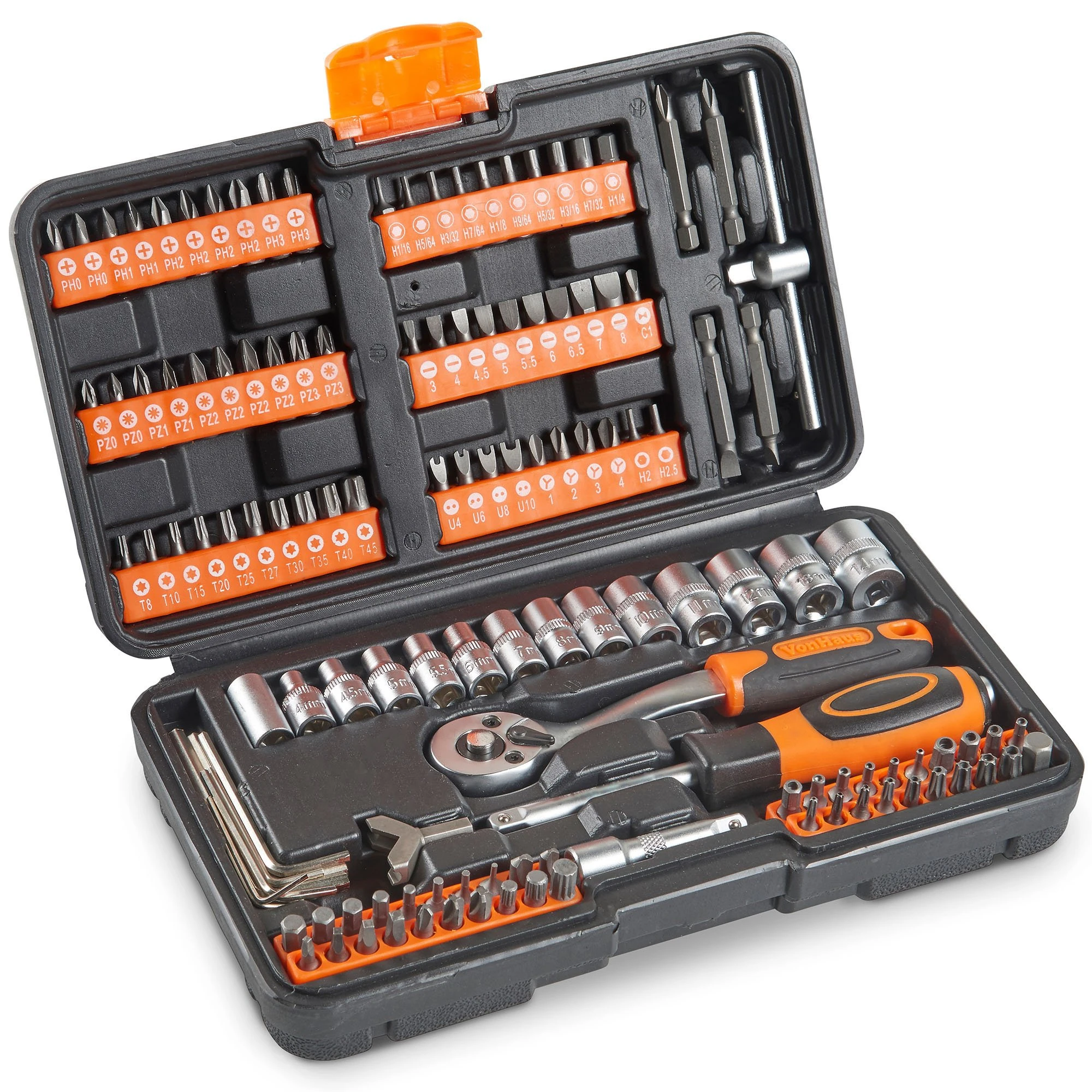VonHaus Socket Set – 130-Piece Ratchet Kit, 1/4" Drive Socket Set with Extension Bar, Coupler, Ratchet and Wrench - Wrench Bundle and Screwdriver Bit Collection with Carry Case