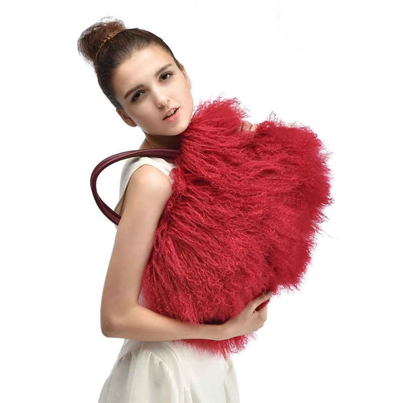 FINILUO Women Luxury Real Lamb/Mongolian Flush Wool Fur With Genuine Leather Handles Handbag, Red, 50cm*35cm(19.7"*13.8")