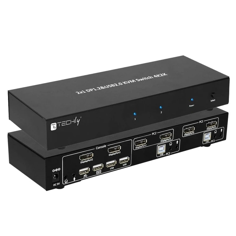 Techly 101928 KVM Switch 2 Ports DisplayPort1.2 for Dual Monitor Black
