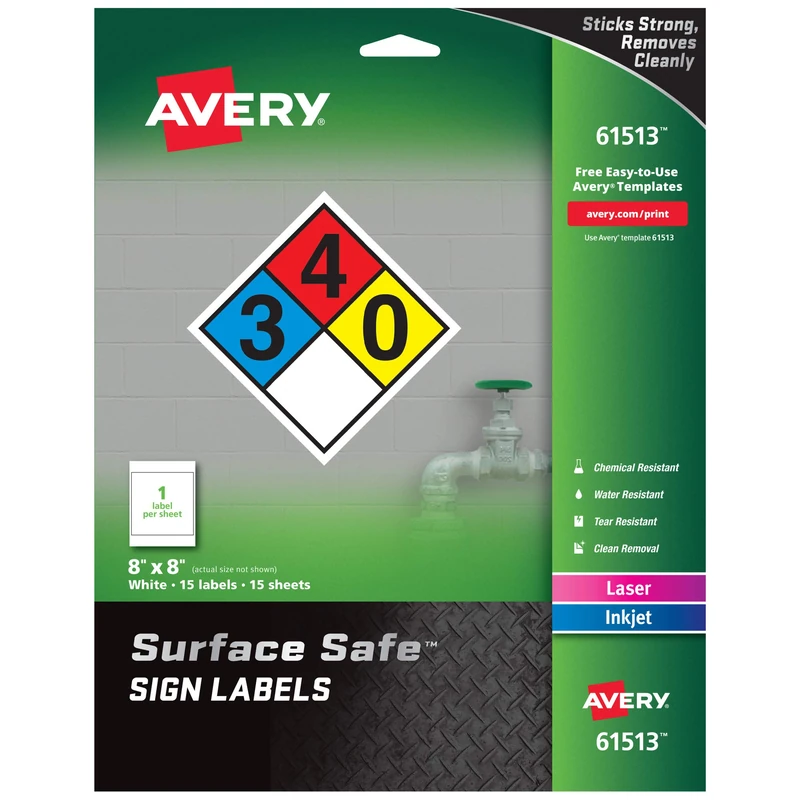 Avery Surface Safe Sign Labels, 8" x 8", Removable Adhesive, Water & Chemical Resistant, Pack of 15 (61513)