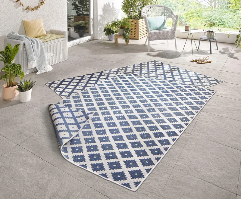 NORTHRUGS Indoor and Outdoor Rug Nizza 160 x 230 cm - Reversible Rug Weatherproof Modern Geometric Pattern for Balcony Patio Garden Conservatory Kitchen Living Room Rug Waterproof in Blue Cream