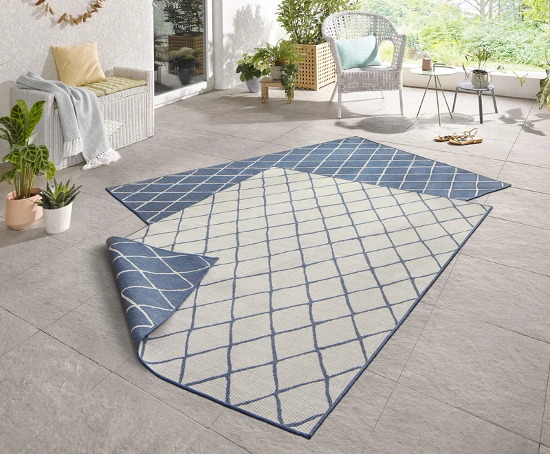 NORTHRUGS Malaga Indoor and Outdoor Rug 160 x 230 cm - Reversible Rug Weatherproof Modern Geometric Pattern for Balcony Patio Garden Conservatory Kitchen Living Room Rug Waterproof in Blue Cream