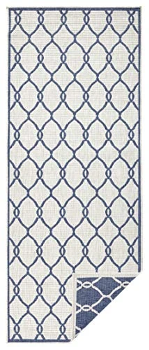 NORTHRUGS Outdoor Rug, Rimini Reversible Rug, Weatherproof, Modern Graphic Pattern for Balcony, Patio, Garden, Conservatory, Kitchen, Living Room Rug, Waterproof, Polypropylene, Blue Cream, 80 x 350 cm